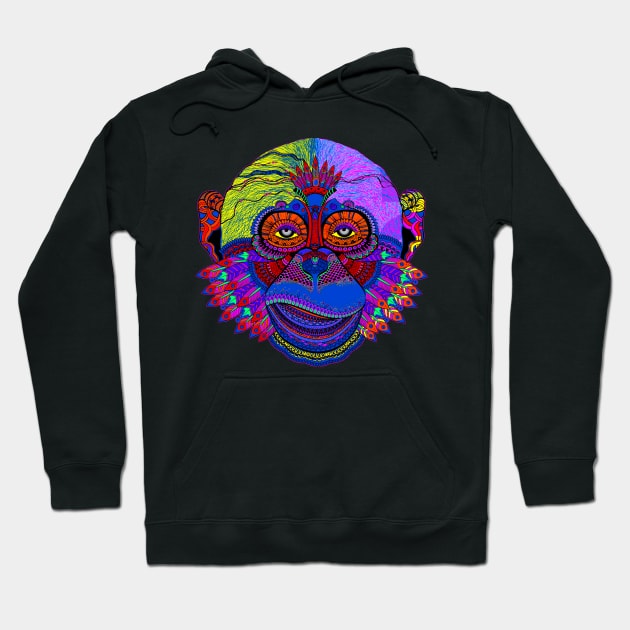 Multicolored Pop Art Monkey Face with Feathers Hoodie by EDDArt